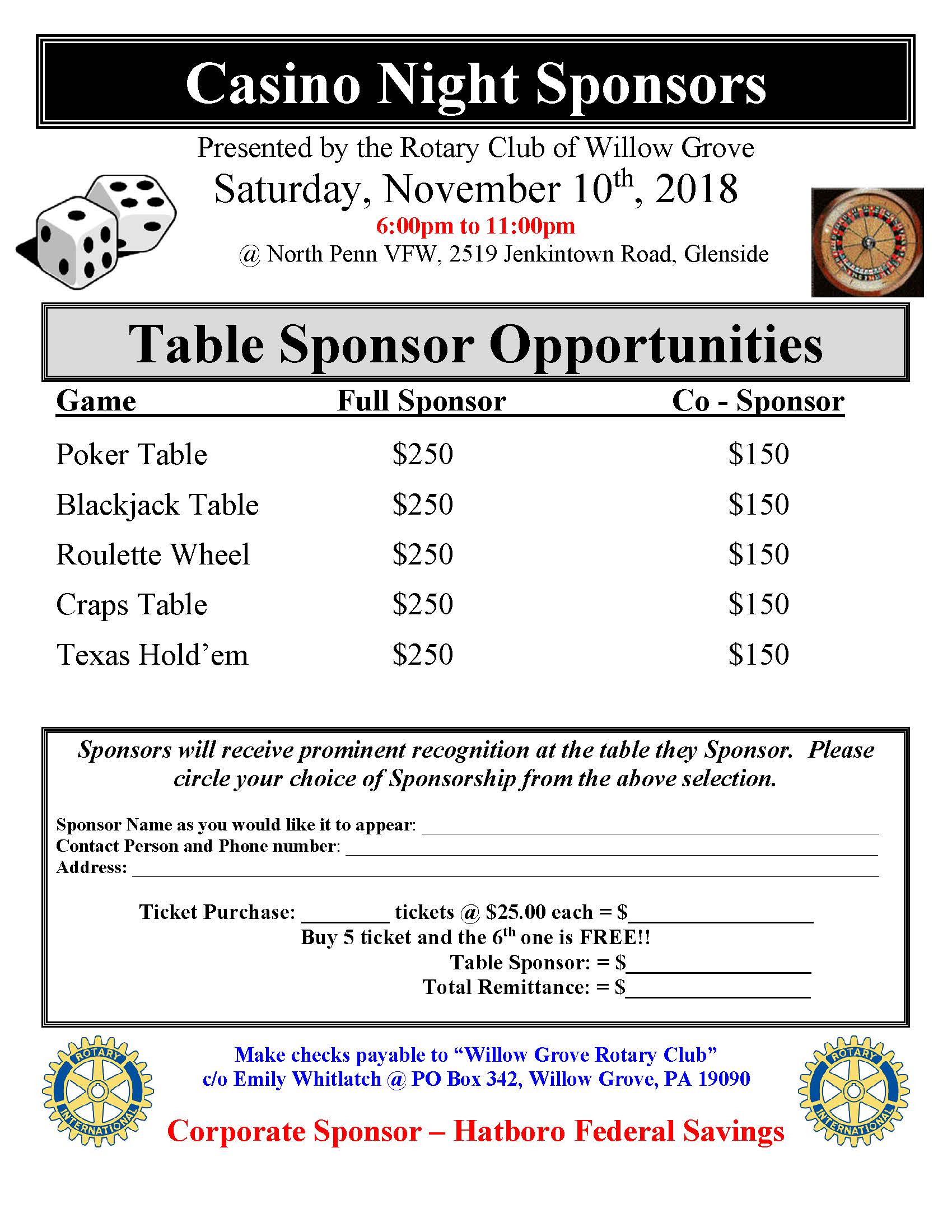 2018 WGR Casino Night, Table Sponsor sheet