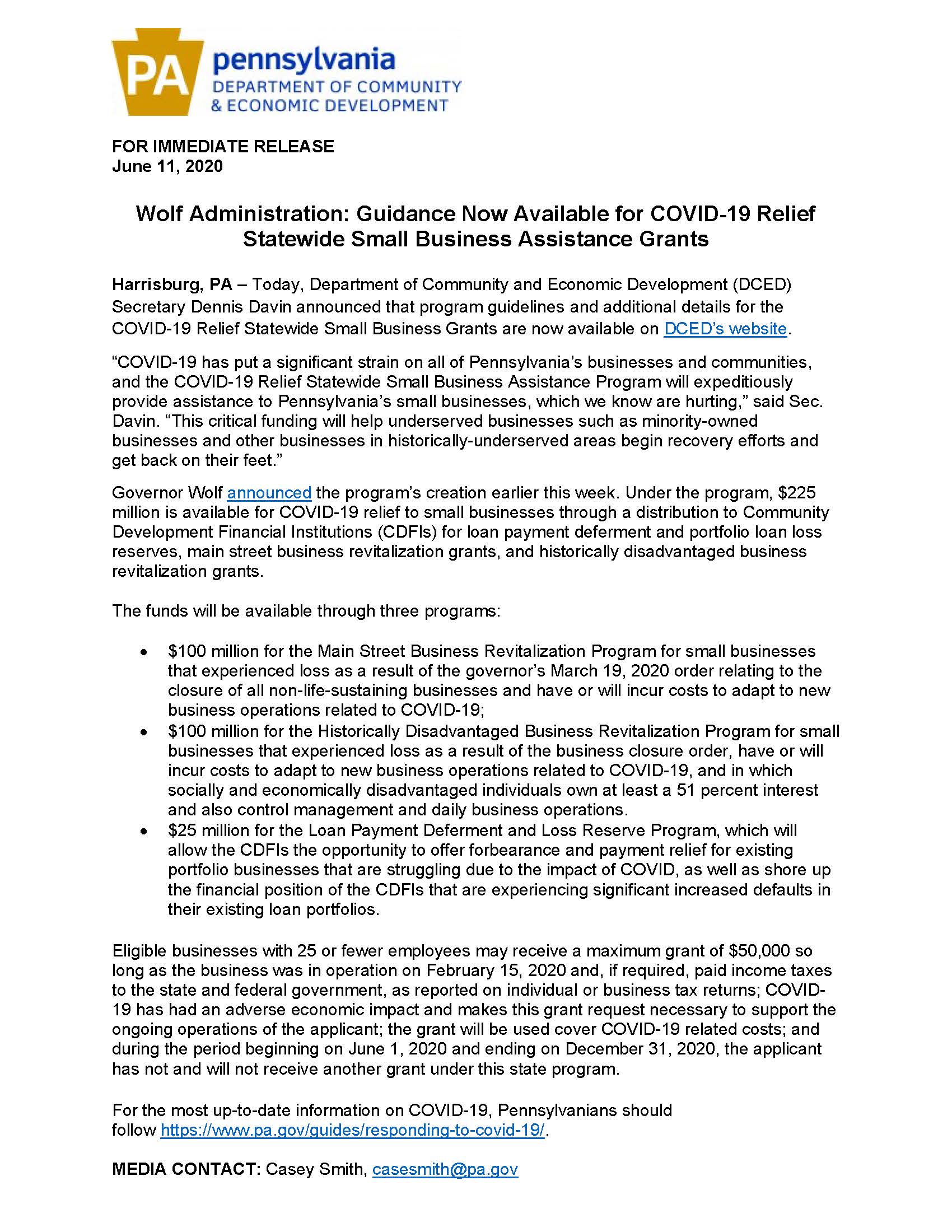 2020 (06.11.2020) - DCED - Small Biz Grants