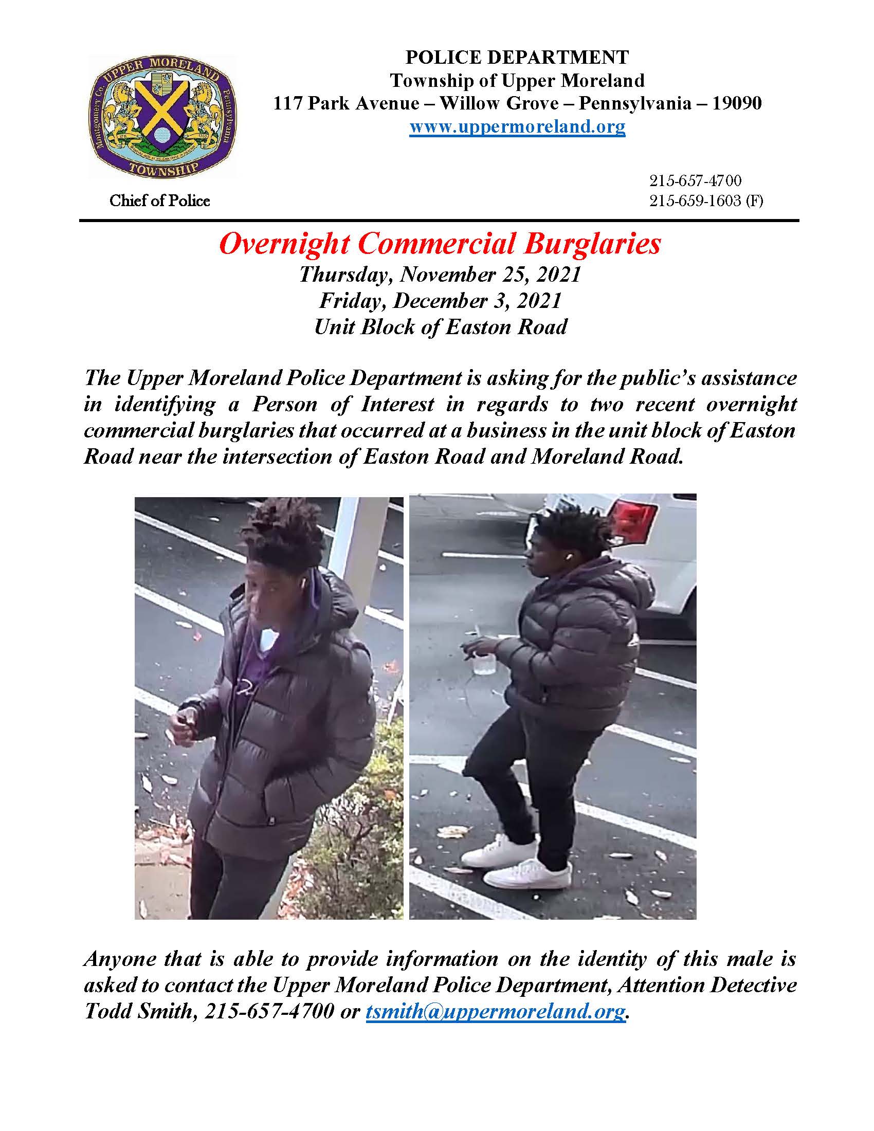 Easton Road Commercial Burglaries-Person of Interest